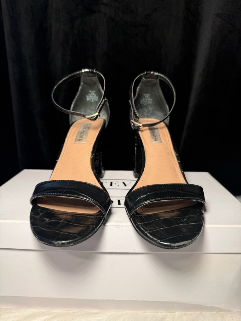 Steve Madden Black Croc-Embossed Ankle Strap Block Heel Sandals - Picture 6 of 11